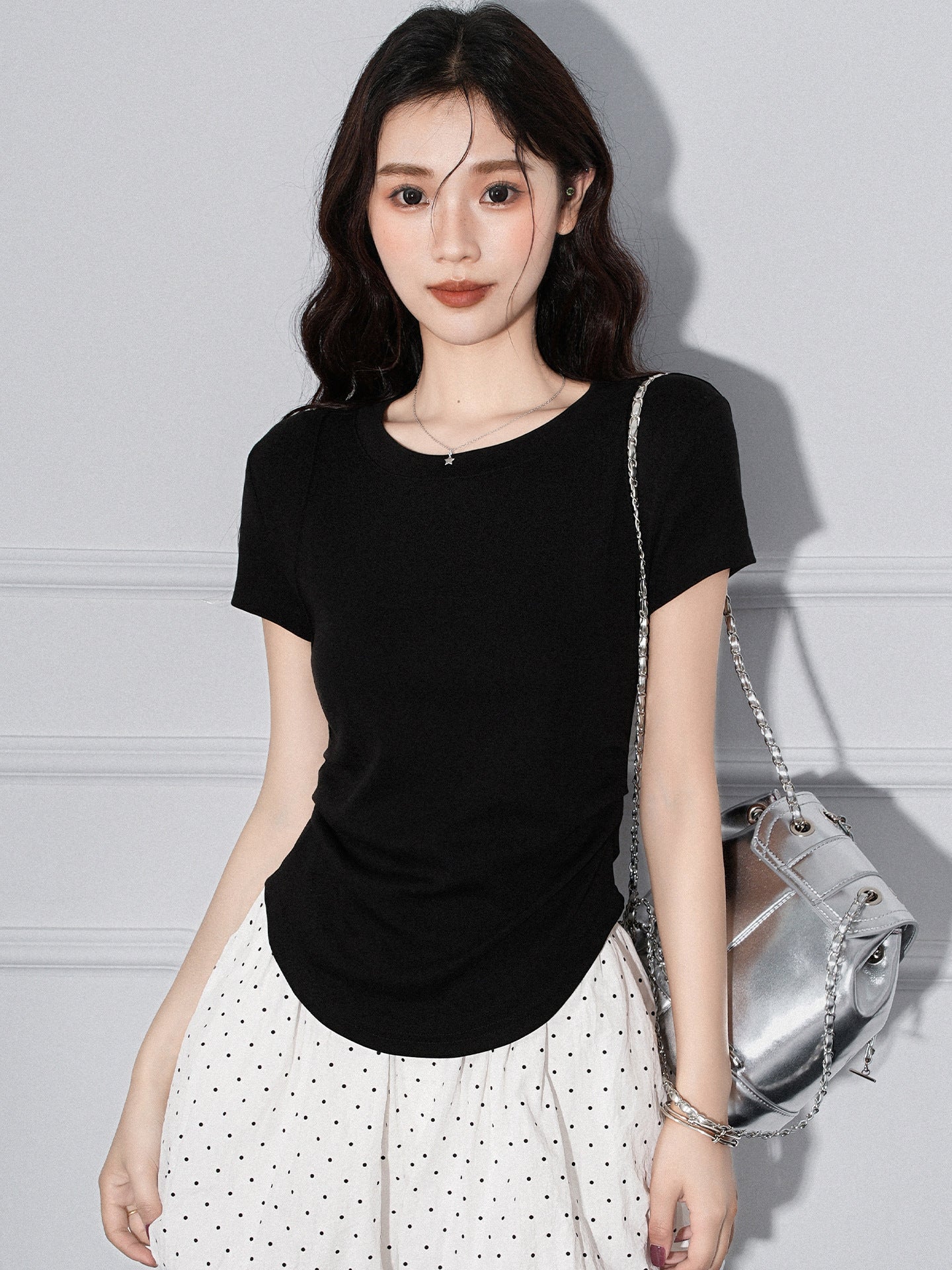Round Neck Pleated Irregular Hem Short Sleeve T-Shirt for Women
