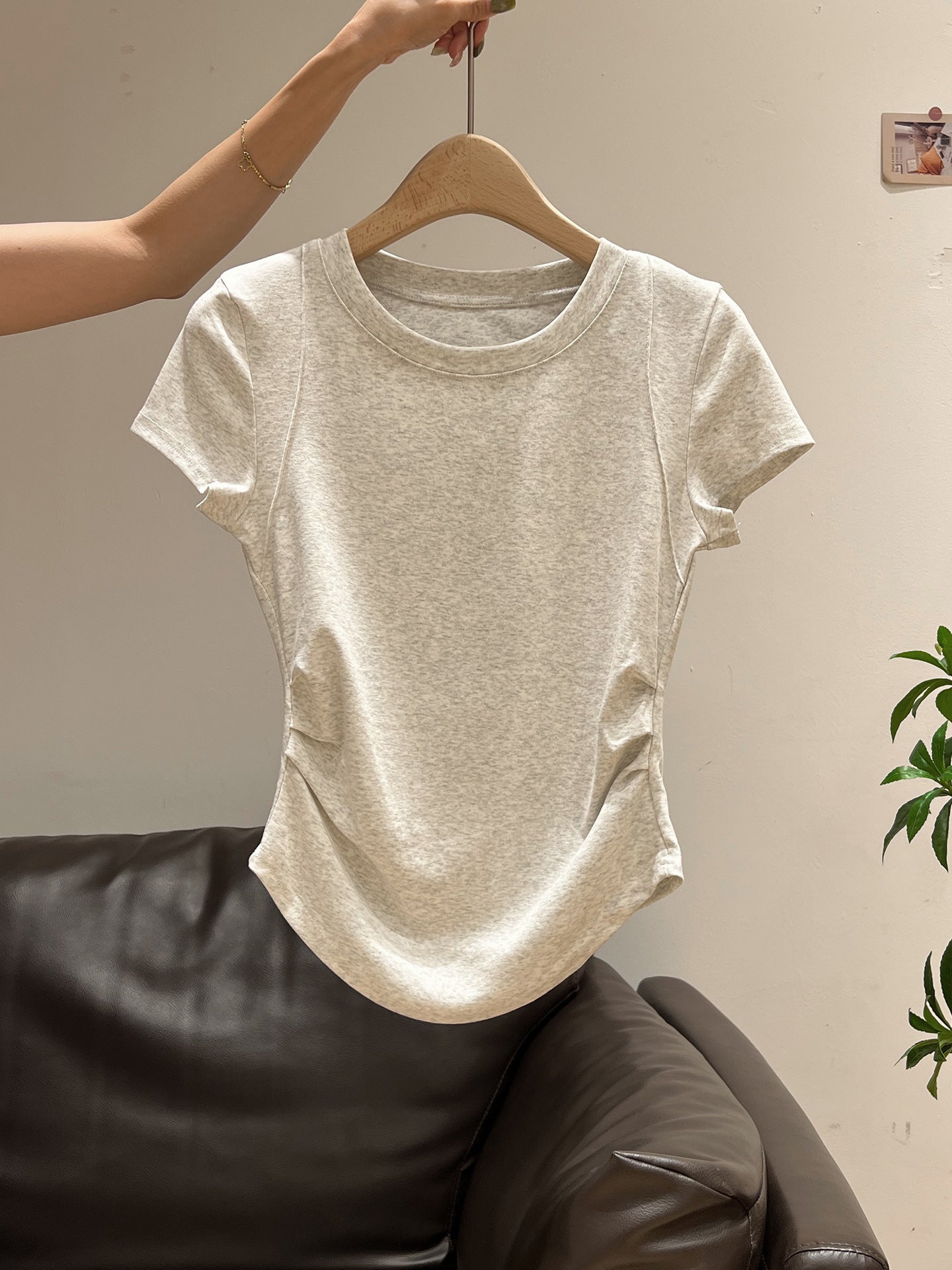 Round Neck Pleated Irregular Hem Short Sleeve T-Shirt for Women