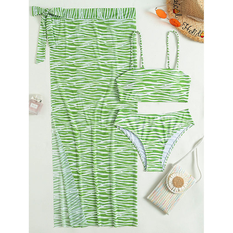 Sexy Striped Bikini Three-Piece Swimwear Set with Beach Dress