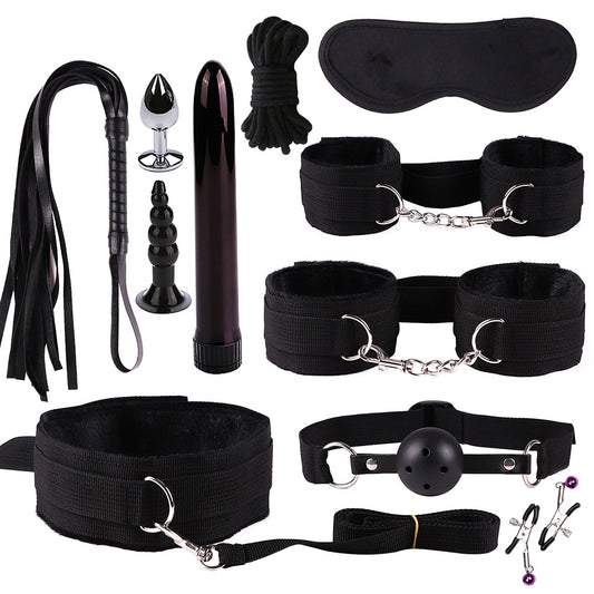 11PCS/SET Sex Toys For Couples Exotic Accessories Nylon Silicone Sex Bondage Set Lingerie Handcuffs Whip Rope Anal Vibrator - happyshop365247