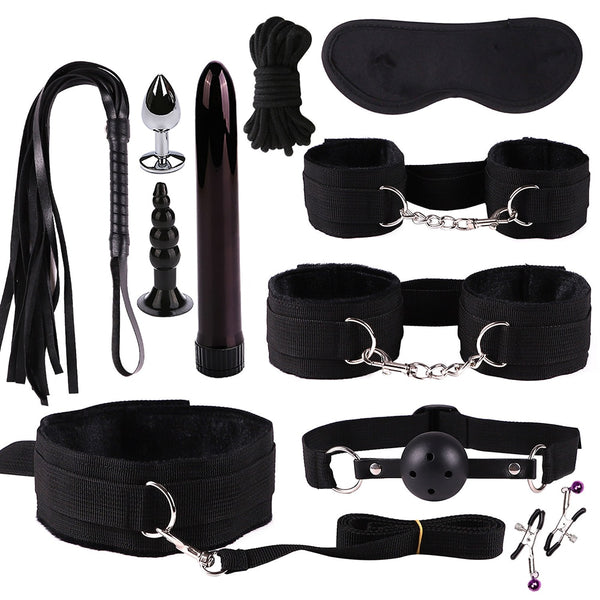 11PCS/SET Sex Toys For Couples Exotic Accessories Nylon Silicone Sex Bondage Set Lingerie Handcuffs Whip Rope Anal Vibrator