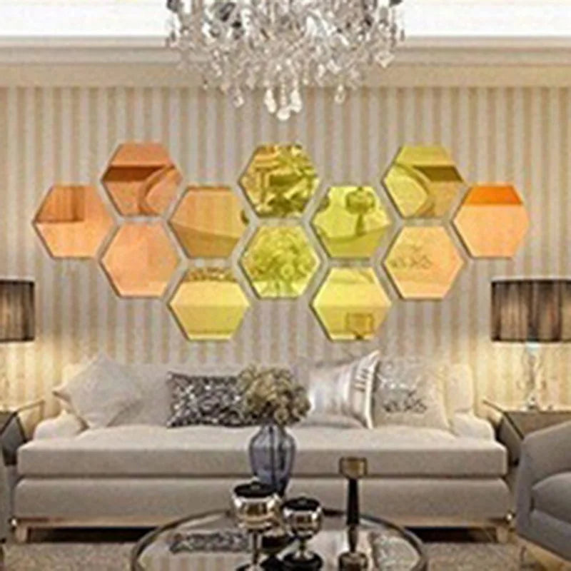 12/6Pcs 3D Hexagon Acrylic Mirror Wall Stickers DIY Mirrored Decorative Stickers - happyshop365247