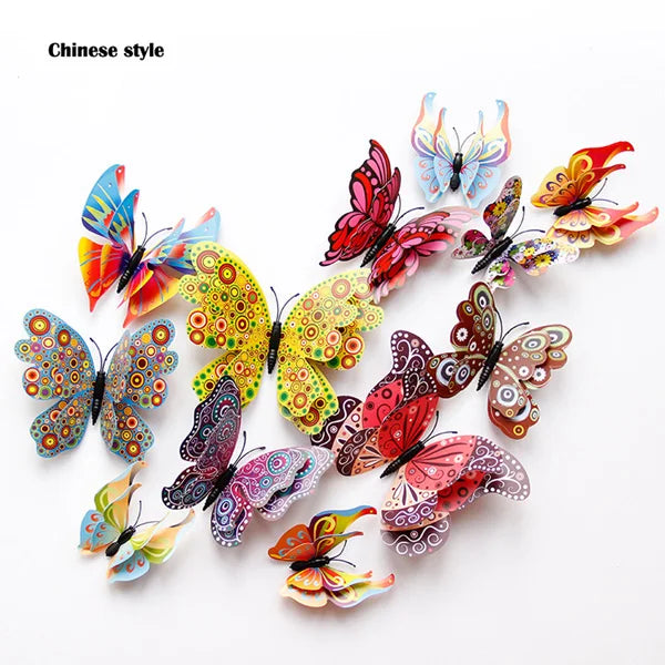 New Style 12Pcs Double Layer 3D Butterfly Wall Stickers Home Room Decor Butterflies For Wedding Decoration Magnet Fridge Decals - happyshop365247