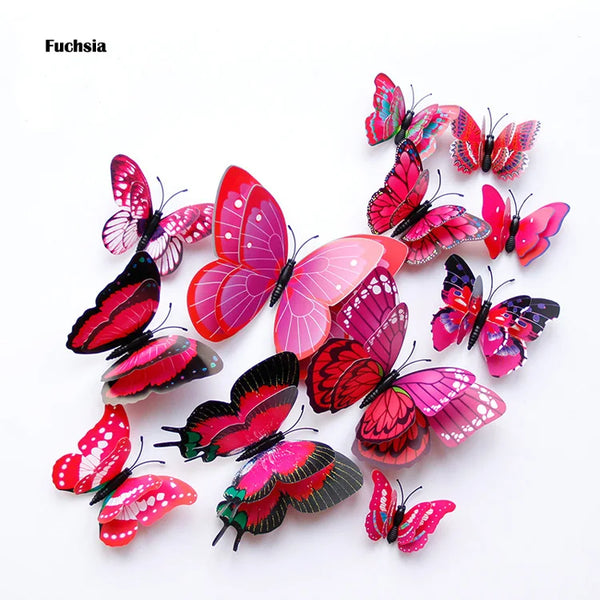 New Style 12Pcs Double Layer 3D Butterfly Wall Stickers Home Room Decor Butterflies For Wedding Decoration Magnet Fridge Decals