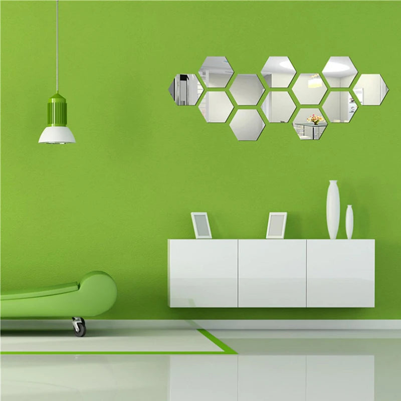 12/6Pcs 3D Hexagon Acrylic Mirror Wall Stickers DIY Mirrored Decorative Stickers - happyshop365247