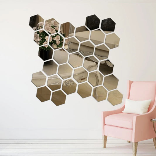 12/6Pcs 3D Hexagon Acrylic Mirror Wall Stickers DIY Mirrored Decorative Stickers - happyshop365247