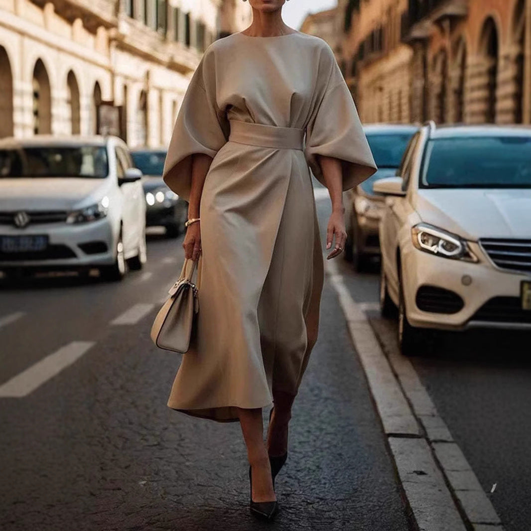 Loose Batwing Sleeve Dress Fashion Waist-tighted Solid Color Elegant Dresses For Women Clothing - happyshop365247