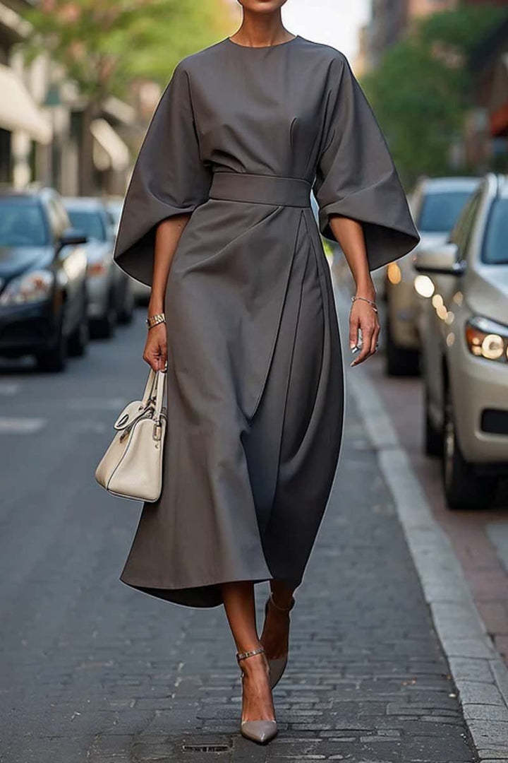 Loose Batwing Sleeve Dress Fashion Waist-tighted Solid Color Elegant Dresses For Women Clothing - happyshop365247