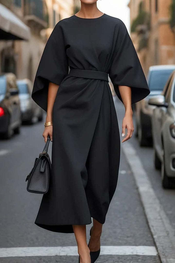 Loose Batwing Sleeve Dress Fashion Waist-tighted Solid Color Elegant Dresses For Women Clothing - happyshop365247