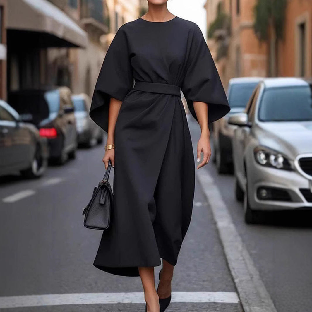 Loose Batwing Sleeve Dress Fashion Waist-tighted Solid Color Elegant Dresses For Women Clothing - happyshop365247