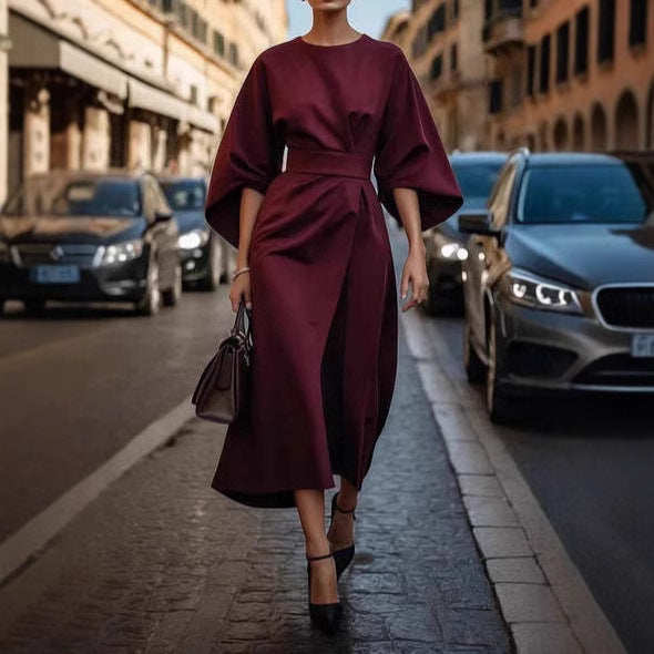 Loose Batwing Sleeve Dress Fashion Waist-tighted Solid Color Elegant Dresses For Women Clothing - happyshop365247
