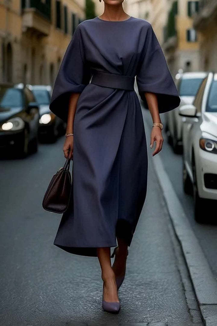Loose Batwing Sleeve Dress Fashion Waist-tighted Solid Color Elegant Dresses For Women Clothing - happyshop365247