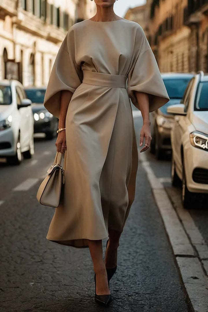 Loose Batwing Sleeve Dress Fashion Waist-tighted Solid Color Elegant Dresses For Women Clothing - happyshop365247