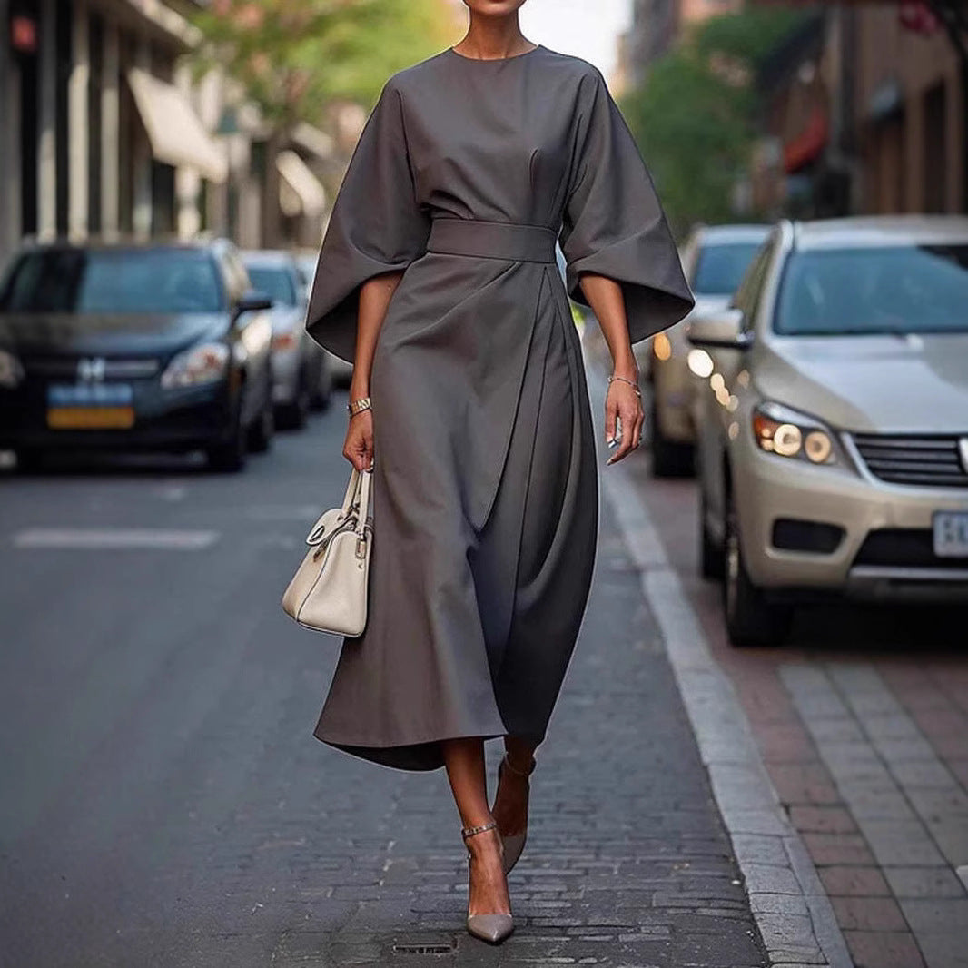 Loose Batwing Sleeve Dress Fashion Waist-tighted Solid Color Elegant Dresses For Women Clothing - happyshop365247