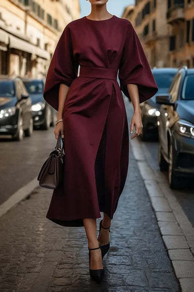 Loose Batwing Sleeve Dress Fashion Waist-tighted Solid Color Elegant Dresses For Women Clothing - happyshop365247