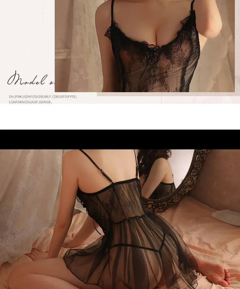 Babydolls Deep V-strap tight lace pattern perspective sexy lingеrie set call of the night promotions 99% sales fuck nightgowns - happyshop365247
