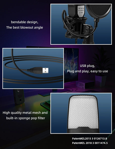 Condenser Professional Microphone Mic For PC Laptop Computer Gaming USB Wired Streaming Podcast Studio Mike Kit Gamer Accessory