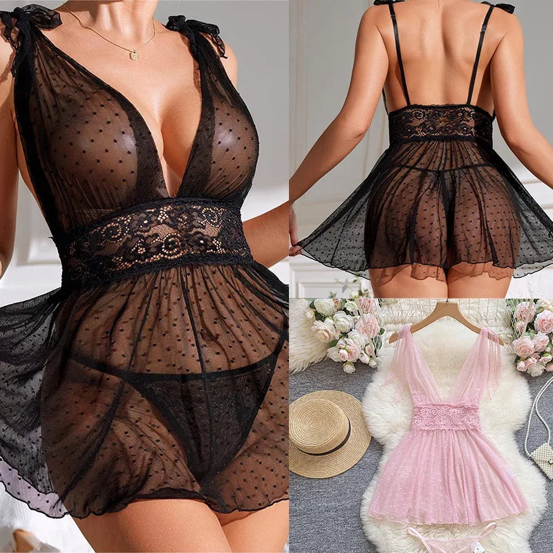 Babydolls Perspective polka dot deep V-mesh call of the night fuck nightgowns promotions 99% sales sexy female intimate Sex shop - happyshop365247