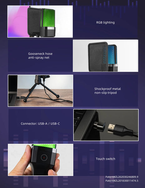 Condenser Professional Microphone Mic For PC Laptop Computer Gaming USB Wired Streaming Podcast Studio Mike Kit Gamer Accessory