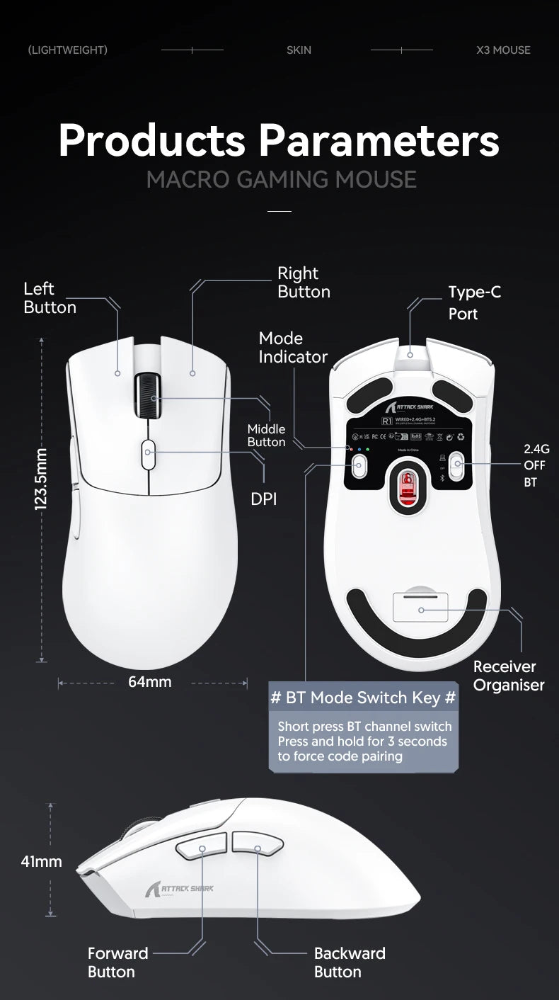 Attack Shark R1 Bluetooth Mouse,18000dpi,PAW3311,Wiredless Tri-mode Connection, Macro Gaming Mouse - happyshop365247