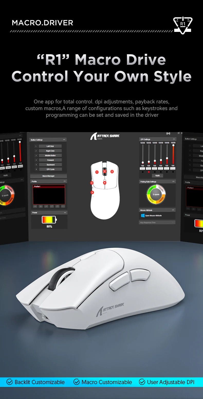 Attack Shark R1 Bluetooth Mouse,18000dpi,PAW3311,Wiredless Tri-mode Connection, Macro Gaming Mouse - happyshop365247