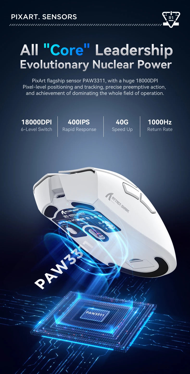 Attack Shark R1 Bluetooth Mouse,18000dpi,PAW3311,Wiredless Tri-mode Connection, Macro Gaming Mouse - happyshop365247