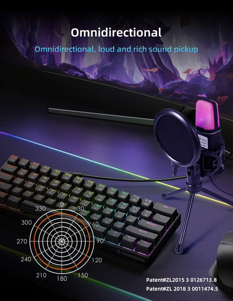 Condenser Professional Microphone Mic For PC Laptop Computer Gaming USB Wired Streaming Podcast Studio Mike Kit Gamer Accessory