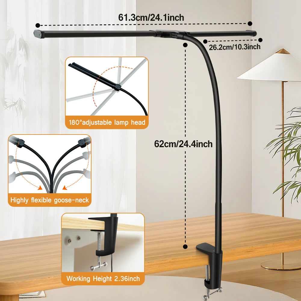 Double Head LED Clip Desk Lamp Architect Table Lamp for Home Office Lighting 3 Color Mode and 10 Dimmable Eye Protect Desk lamps - happyshop365247
