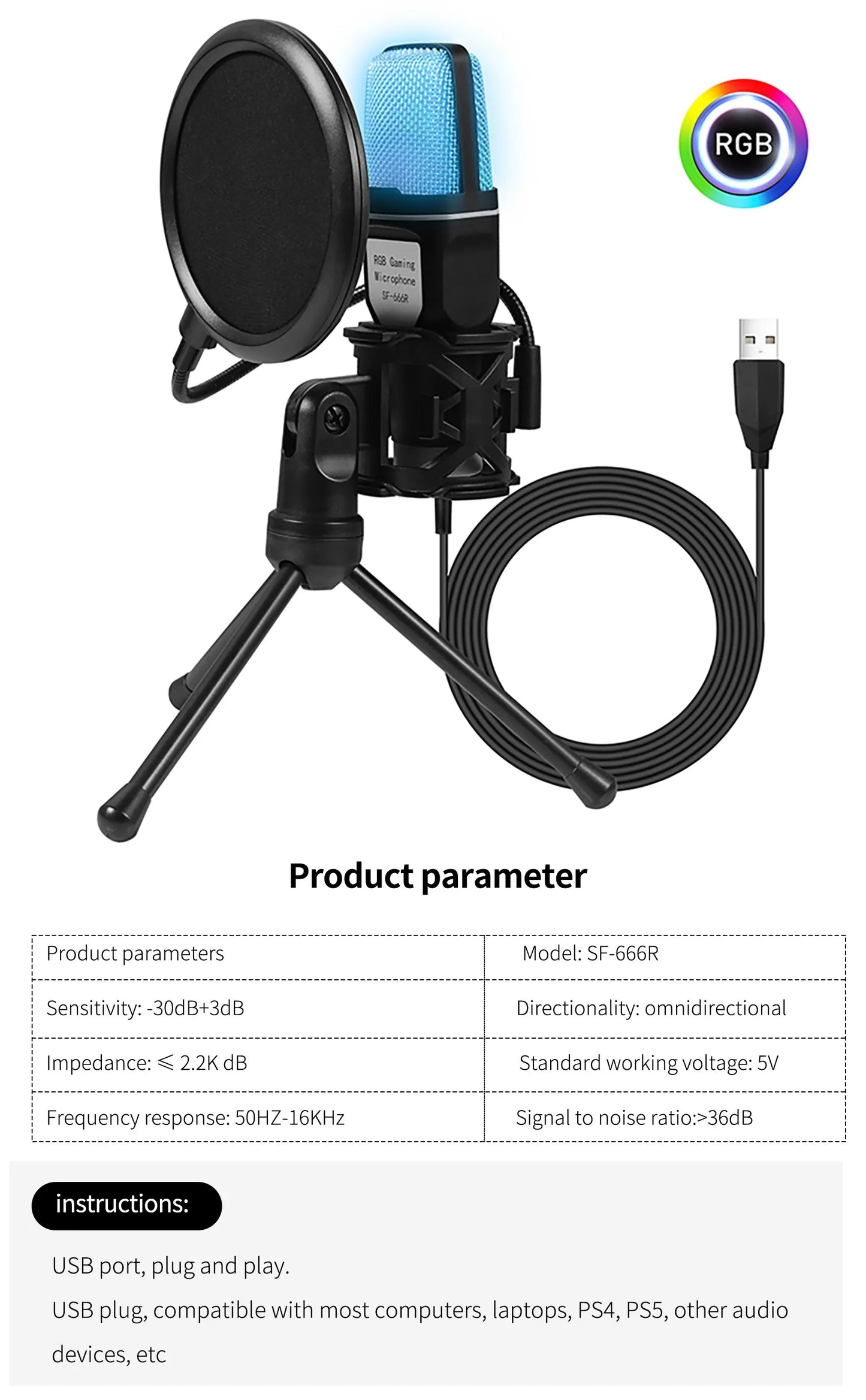 Condenser Professional Microphone Mic For PC Laptop Computer Gaming USB Wired Streaming Podcast Studio Mike Kit Gamer Accessory - happyshop365247