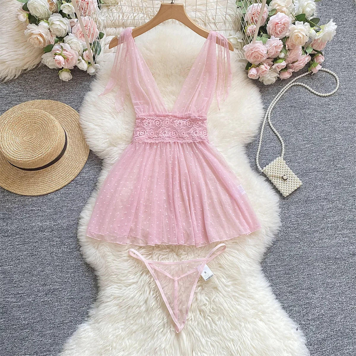 Babydolls Perspective polka dot deep V-mesh call of the night fuck nightgowns promotions 99% sales sexy female intimate Sex shop - happyshop365247