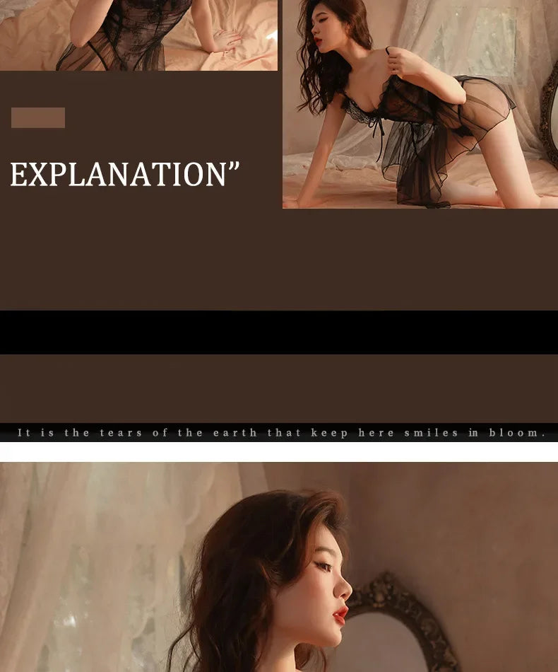 Babydolls Deep V-strap tight lace pattern perspective sexy lingеrie set call of the night promotions 99% sales fuck nightgowns - happyshop365247