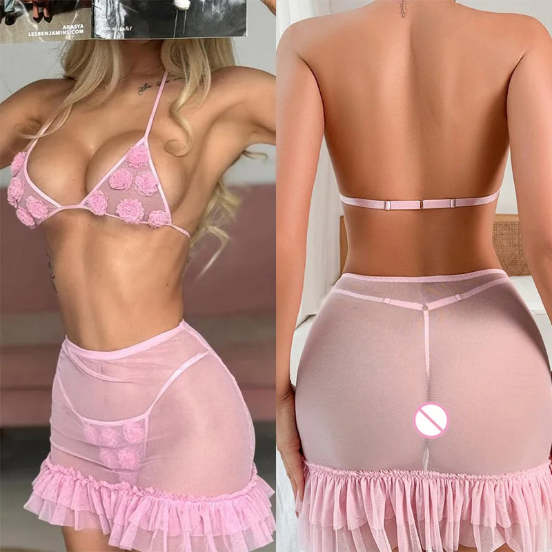 Sexy Babydolls Flower decoration perspective suspender mesh beach wind fuck nightgowns call of the night promotions 99% sales - happyshop365247