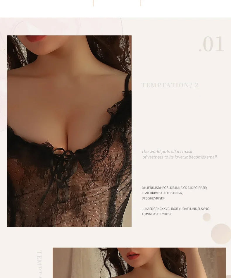 Babydolls Deep V-strap tight lace pattern perspective sexy lingеrie set call of the night promotions 99% sales fuck nightgowns - happyshop365247