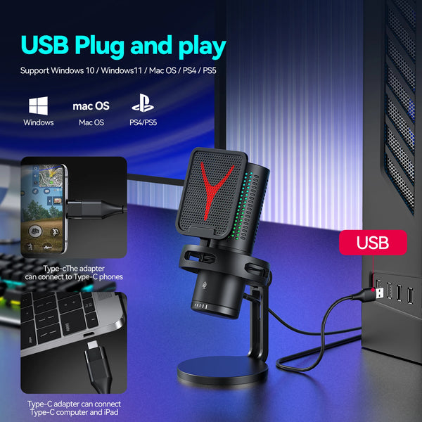 Condenser Professional Microphone Mic For PC Laptop Computer Gaming USB Wired Streaming Podcast Studio Mike Kit Gamer Accessory
