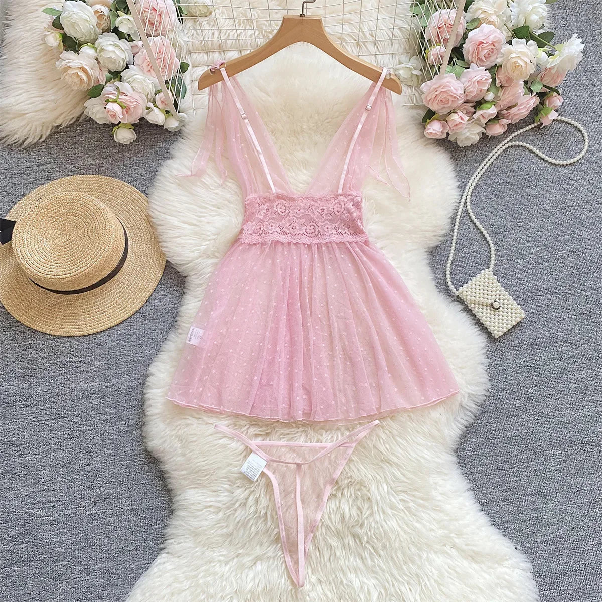 Babydolls Perspective polka dot deep V-mesh call of the night fuck nightgowns promotions 99% sales sexy female intimate Sex shop - happyshop365247