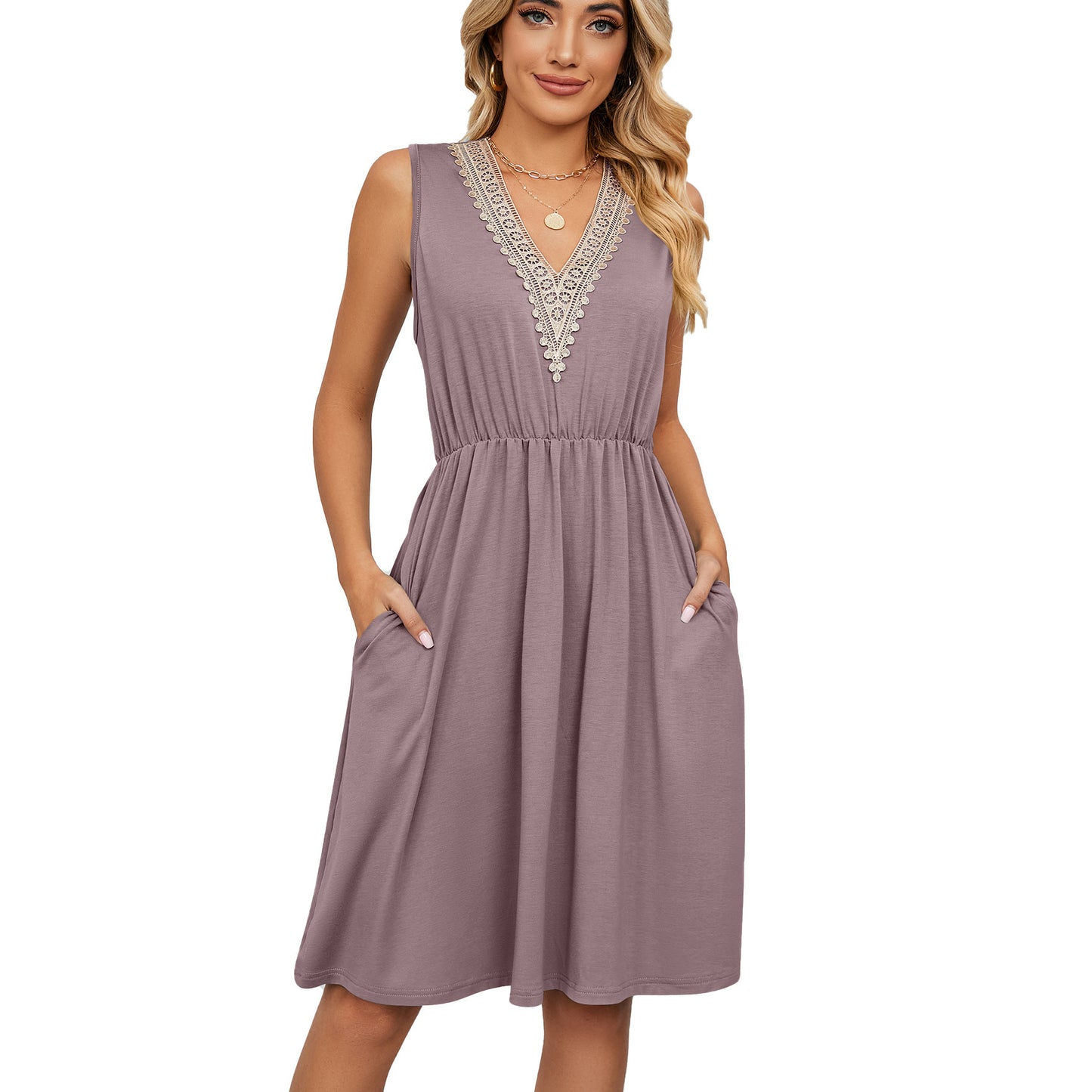 Lace Panel Sleeveless Dresss With Pocket V-neck Dresses For Women - happyshop365247