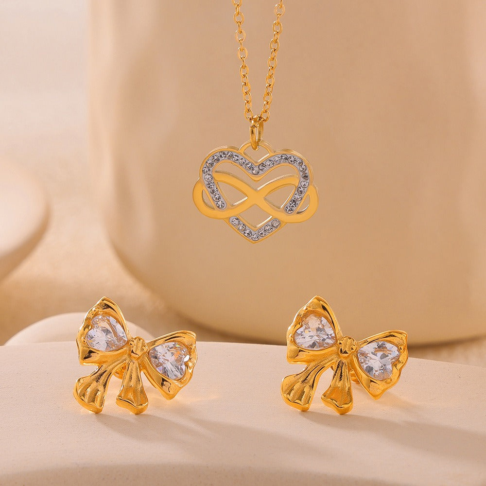 18k gold noble and light luxury bow inlaid with diamonds/heart with winding design earrings and necklace set - happyshop365247