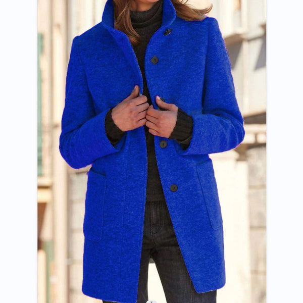 Fashion Stand Collar Woolen Coat With Pockets Fall Winter Casual Button Outwear For Women Clothing - happyshop365247