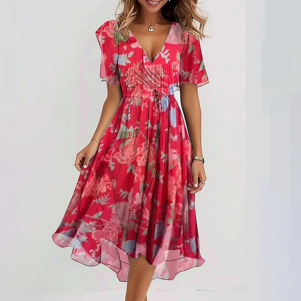 Chiffon Printed Short Sleeve Dress Summer Elegant V-neck Dresses Womens Clothing - happyshop365247