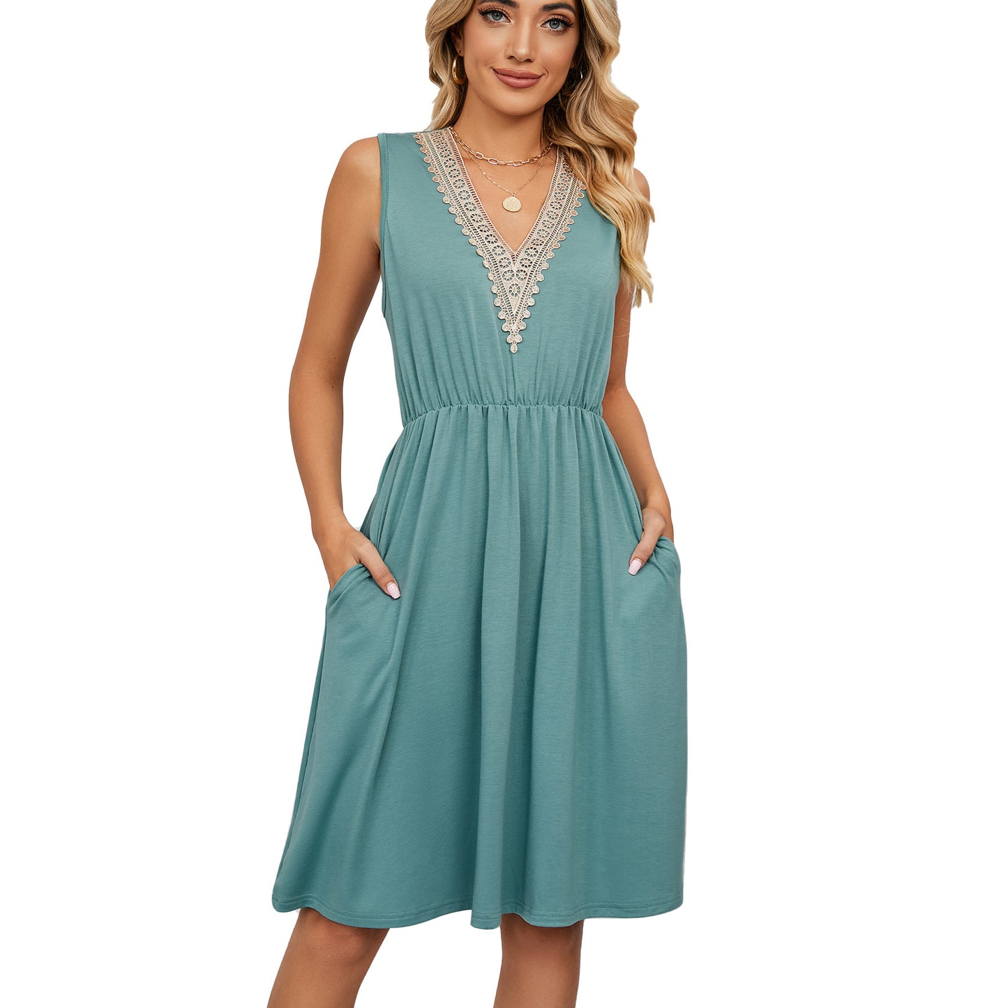 Lace Panel Sleeveless Dresss With Pocket V-neck Dresses For Women - happyshop365247