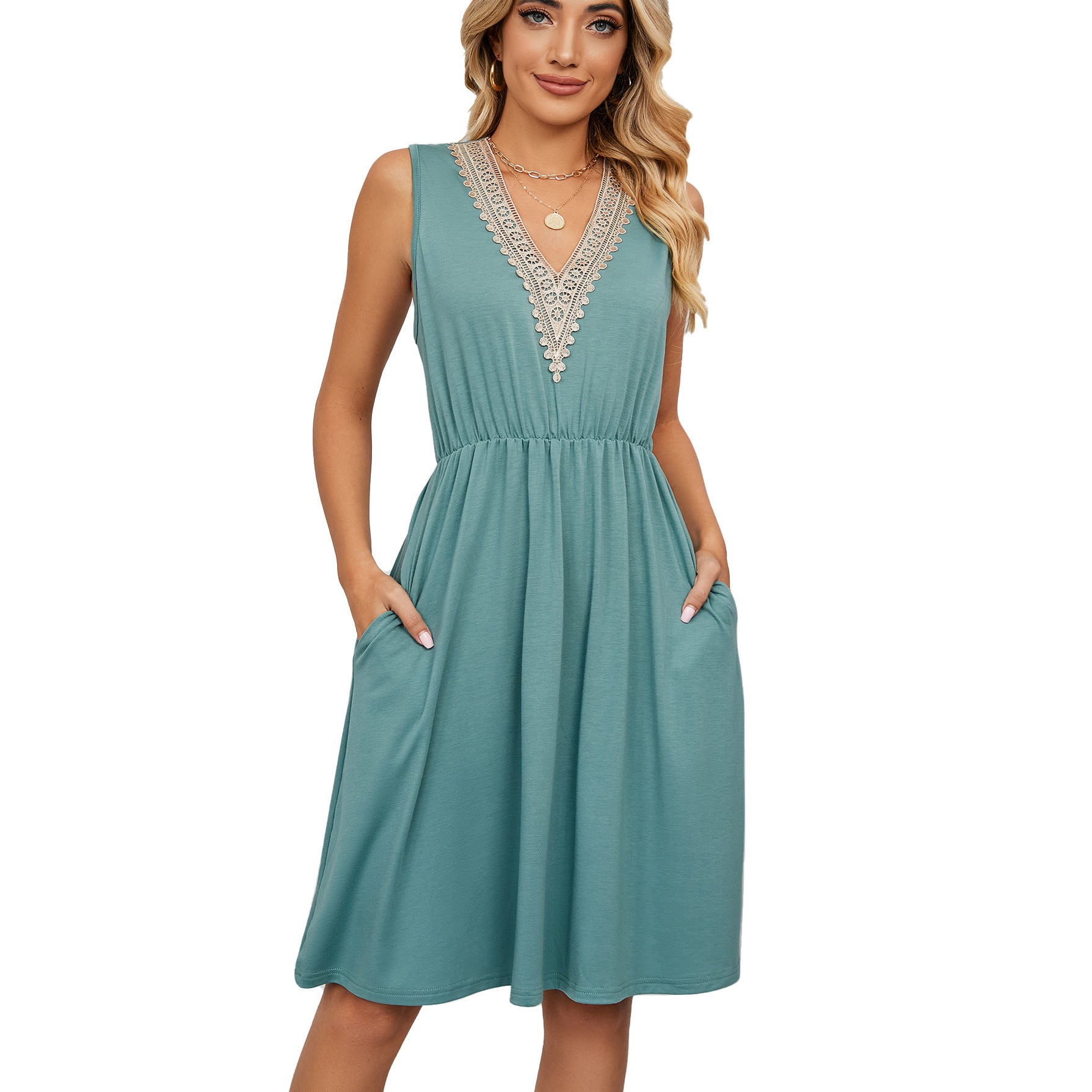 Lace Panel Sleeveless Dresss With Pocket V-neck Dresses For Women - happyshop365247
