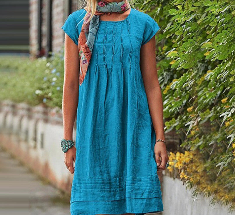 Fashion U-neck Short Sleeve Dress Summer Solid Straight Dresses Womens Clothing - happyshop365247