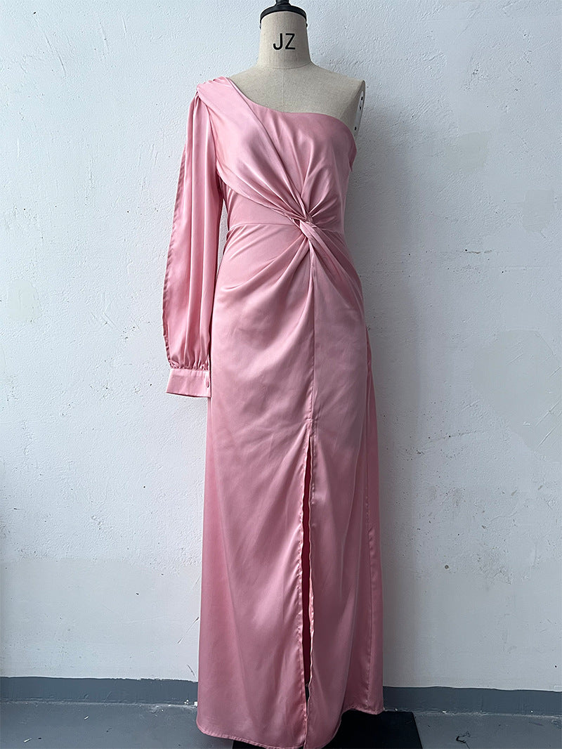 Women's One-shoulder Split Dress Ins Fashion Long-sleeved Slim Long Dresses Party Evening Clothing - happyshop365247