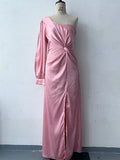Women's One-shoulder Split Dress Ins Fashion Long-sleeved Slim Long Dresses Party Evening Clothing