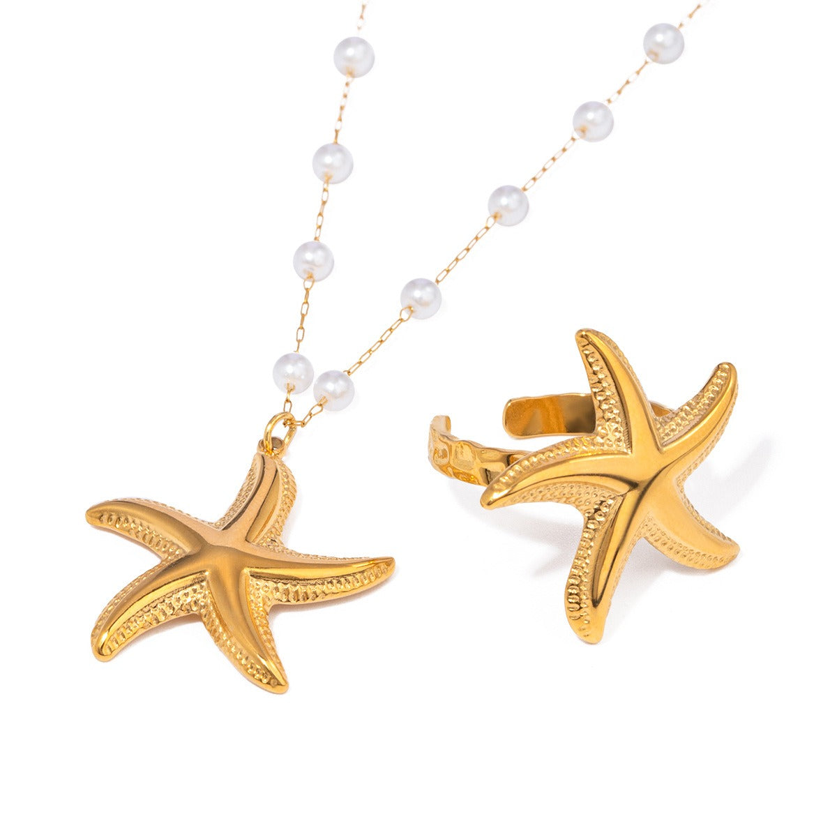 18K gold starfish shape with pearl design exquisite and noble necklace ring set - happyshop365247