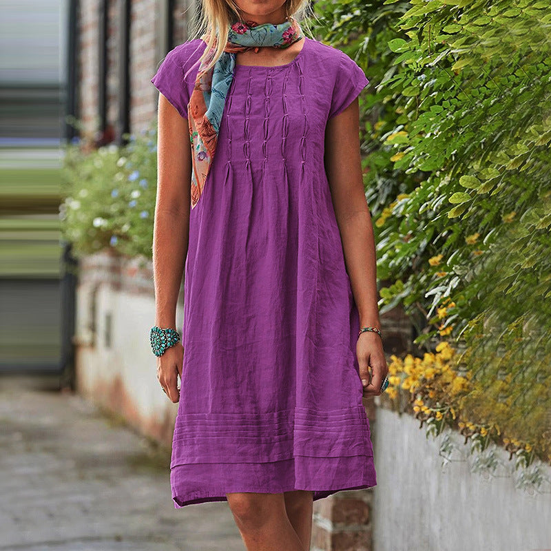 Fashion U-neck Short Sleeve Dress Summer Solid Straight Dresses Womens Clothing - happyshop365247