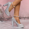 Spring sequined one-shoulder le pearl thick heel high heel fashion, large size