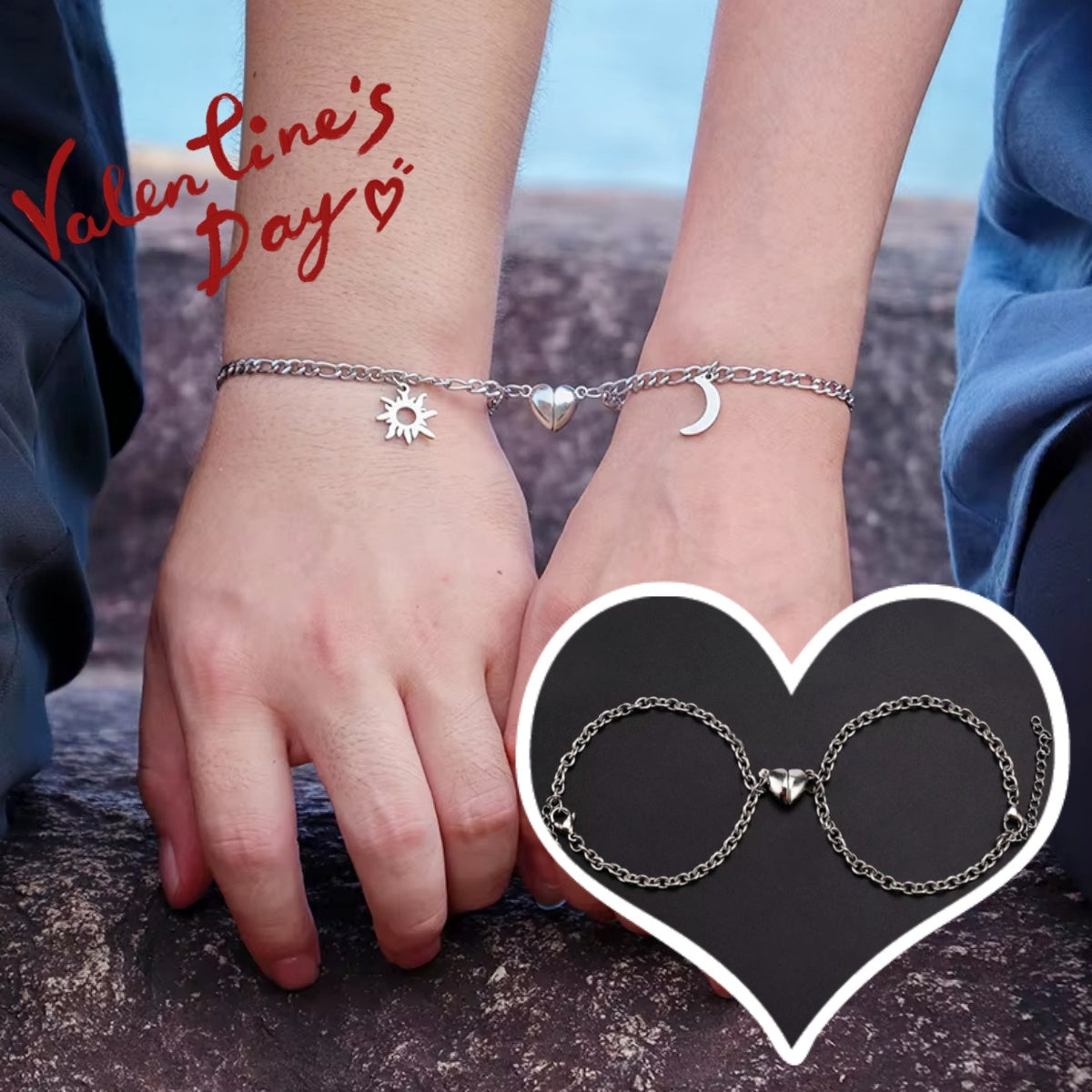 2Pcs Sun Moon Charm Magnet Attraction Stainless Steel Bracelets For Couples Men Women Jewelry Wholesale Valentine's Day Gifts - happyshop365247