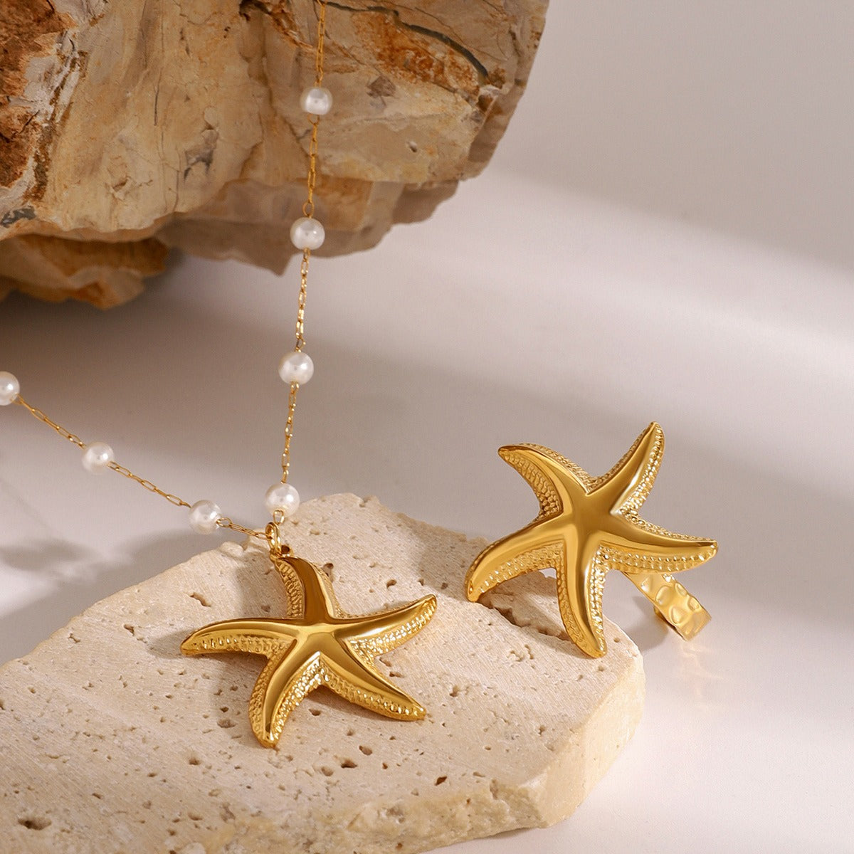 18K gold starfish shape with pearl design exquisite and noble necklace ring set - happyshop365247
