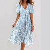 Chiffon Printed Short Sleeve Dress Summer Elegant V-neck Dresses Womens Clothing - happyshop365247